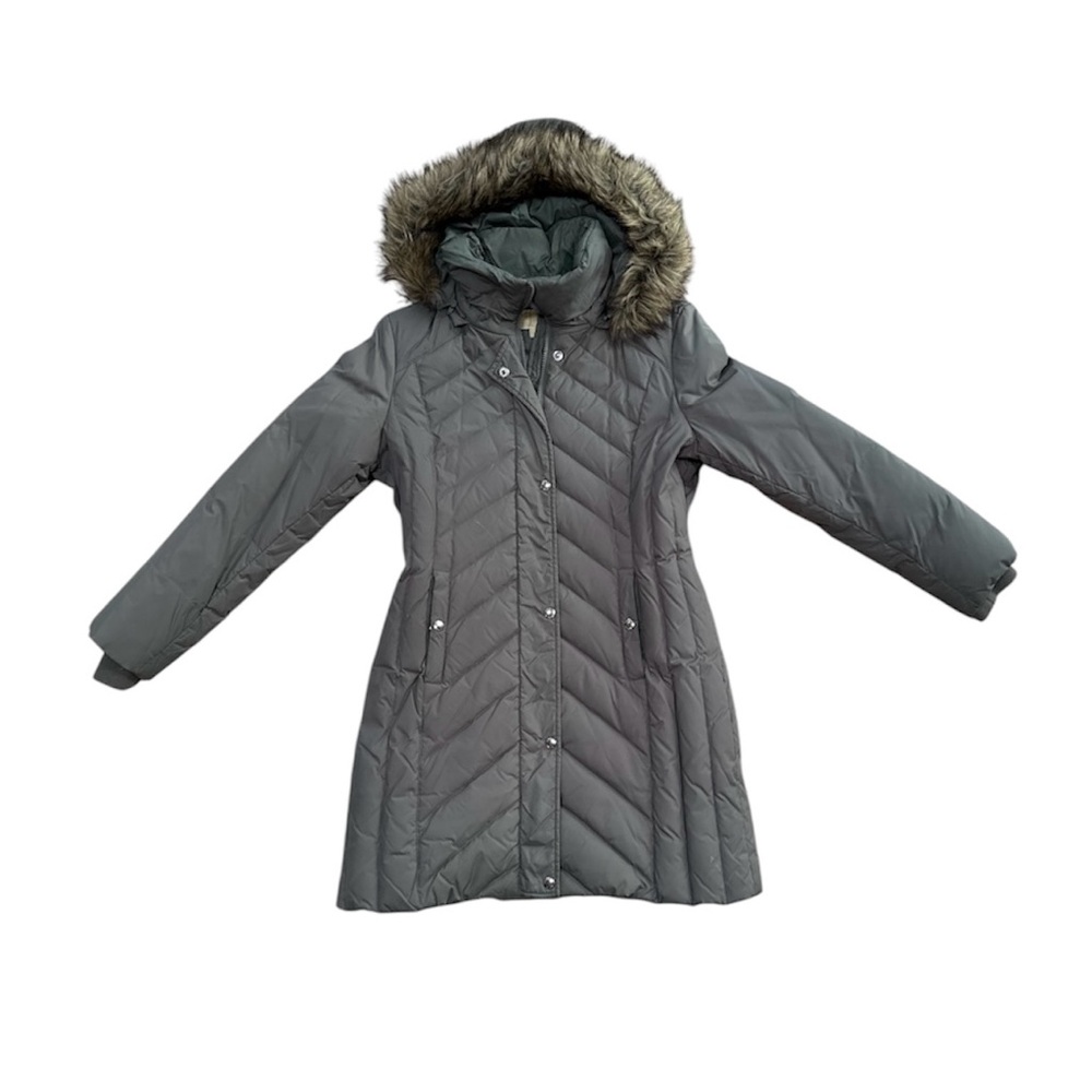 Michael Kors Gray Knee length puffer coat for women with faux fur hood